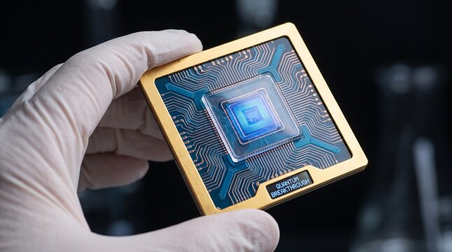 Scientist in protective gloves holding a gold quantum processor chip with glowing blue circuitry