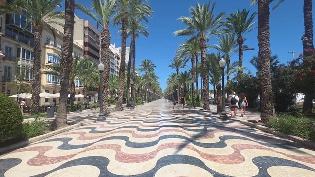 Alicante, Spain - 30 August 2026 - Wavy Pedestrian Walkway Along the Port of Alicante, Spain