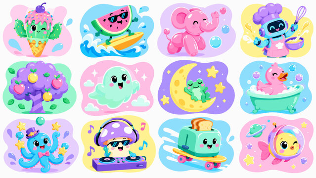 Cute cartoon characters joyfully express fun and whimsy. Each figure shows playful emotions with bright, pastel colors. Ideal for children's content or lighthearted branding projects