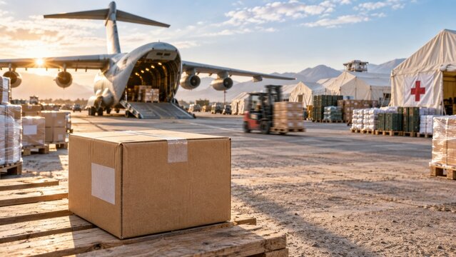 Cargo delivery at an airfield during sunset with an aircraft unloading supplies