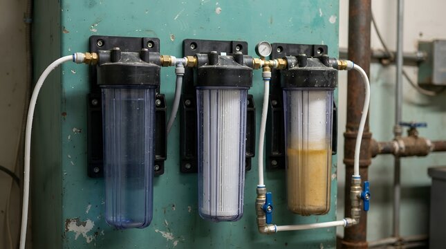 Industrial water filtration system, three transparent filter cartridges showing clean and dirty water, essential for purification and quality control in commercial settings