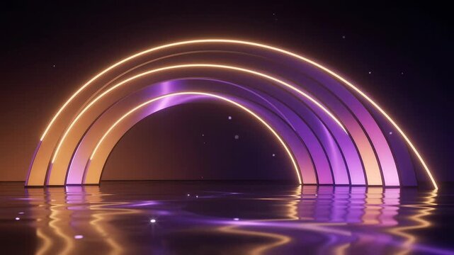 Futuristic neon arch light glow, abstract purple orange dark reflection wet surface, vibrant rainbow effect, sense of wonder and hope, magical ambiance, illuminated by subtle sparkling lights