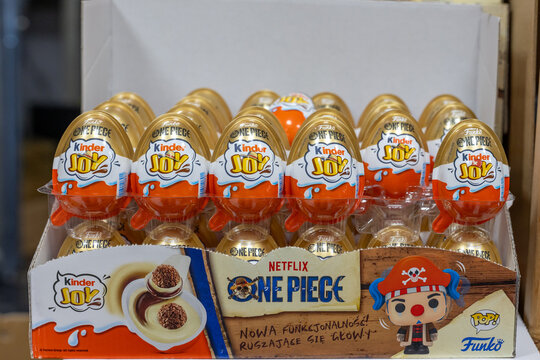 Kinder Joy eggs featuring Funko One Piece collaboration displayed in retail box inside store. Kaliningrad, Kaliningrad Region, Russia. September 15, 2026.