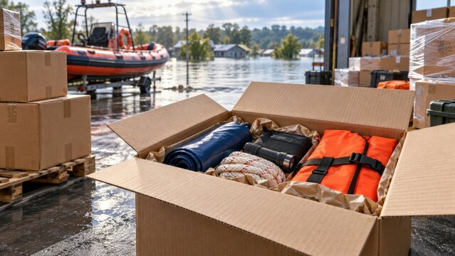 Supplies packed in a box for rescue operations during a flood event