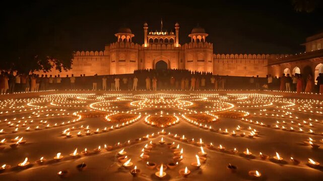 Sweeping cinematic motion graphic revealing thousands of glowing diyas arranged in intricate floral patterns leading up to a grand illuminated Indian fort for Diwali celebrations
