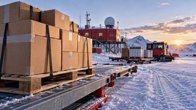 Delivery of supplies to a research station in Antarctica during sunset