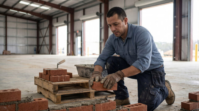 A builder lays red bricks on a mortar bed inside a warehouse. The hands-on work illustrates masonry skills, construction progress, and industrial building projects