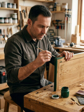 A craftsman carefully paints a wooden frame with a small brush in his workshop. Detailed hand finishing highlights precision, craftsmanship, and custom woodworking