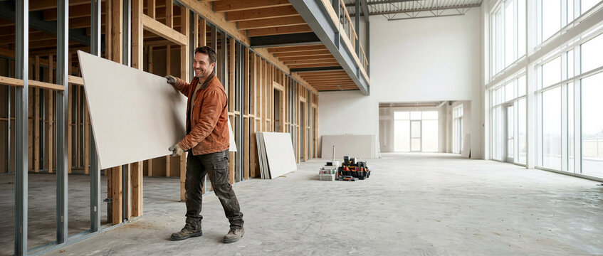 A smiling worker carries a large drywall panel through a building under construction. The scene shows interior finishing, professional craftsmanship and progress on a commercial space