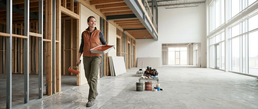 Woman holding a paint tray and roller while working inside a large unfinished building. The scene represents professional interior painting, construction work and commercial renovation