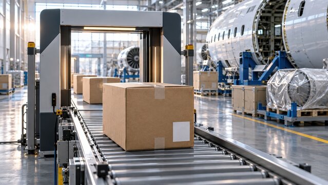 Box moving on a conveyor belt inside a large aircraft manufacturing facility