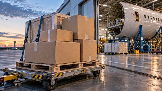 Cargo being loaded near an airplane inside a large hangar at an airport during early evening