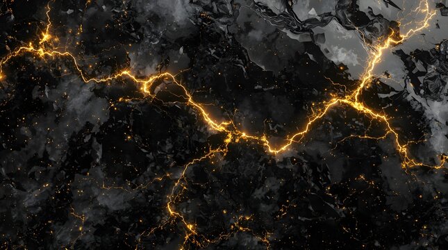 Luxury abstract background texture of dark obsidian-like natural stone with golden lightning and light sparks striking through