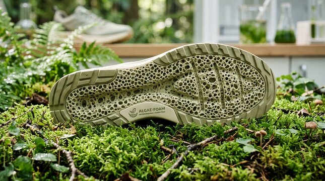 Biodegradable algae foam sneaker sole resting on green moss