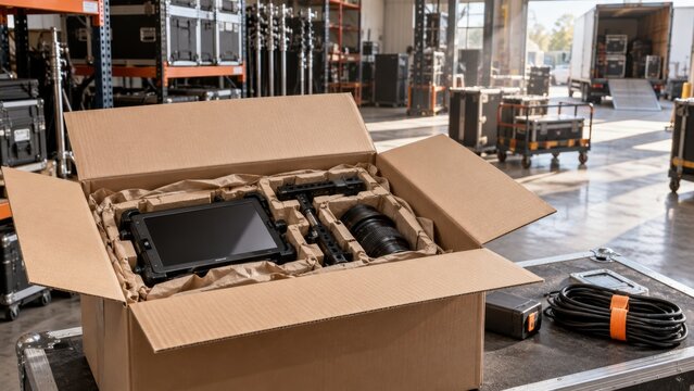 New camera equipment being unpacked in a warehouse setting near transport vehicles