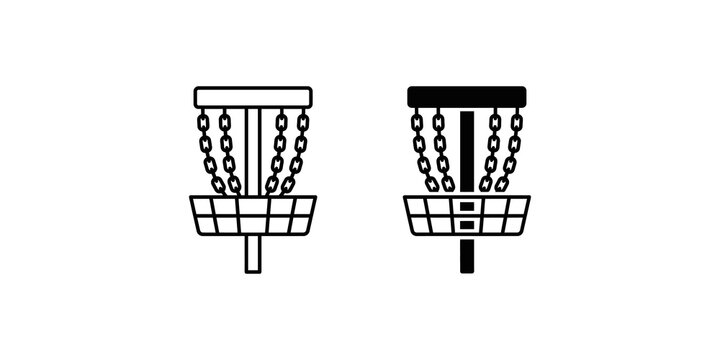 Disc golf basket icon set featuring linear and solid vector illustrations for sports equipment design.