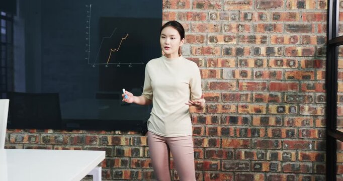 Lifestyle videos indoor of people doing activities at office, presenting data on screen, woman expla