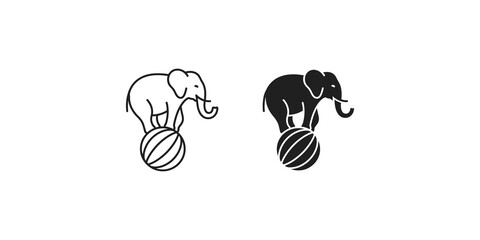 Circus elephant balancing on a striped ball icon outline and solid silhouette on transparent background. © Adobe