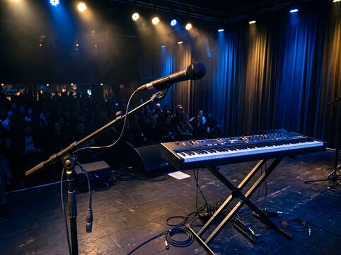 Dramatic stage lighting illuminates a grand piano in an empty concert hall before a performance begins
