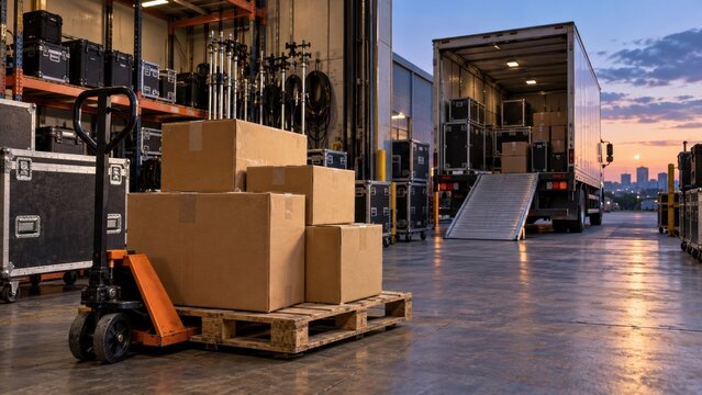 Loading area with boxes and a truck at sunset
