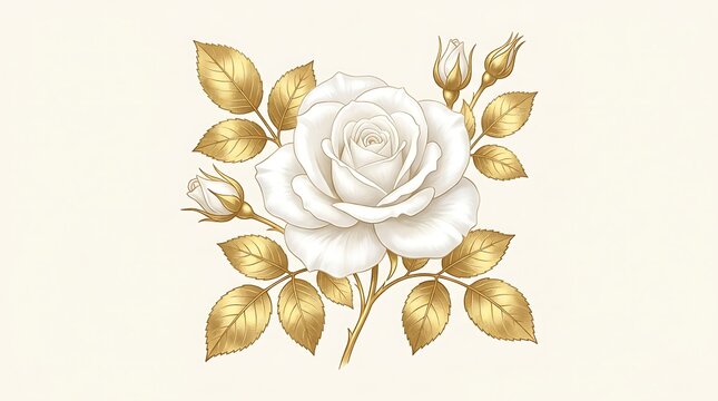 Beautiful white rose flower with green and gold leaves in a detailed artistic hand drawn botanical illustration style