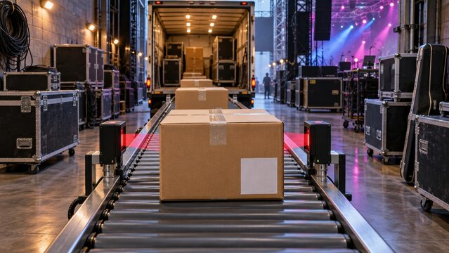 Conveyor belt with boxes in a venue during setup for an event
