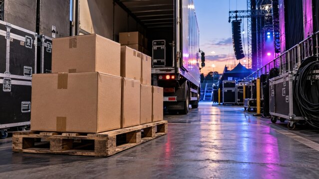 Boxes on a pallet next to a truck in a concert venue at sunset