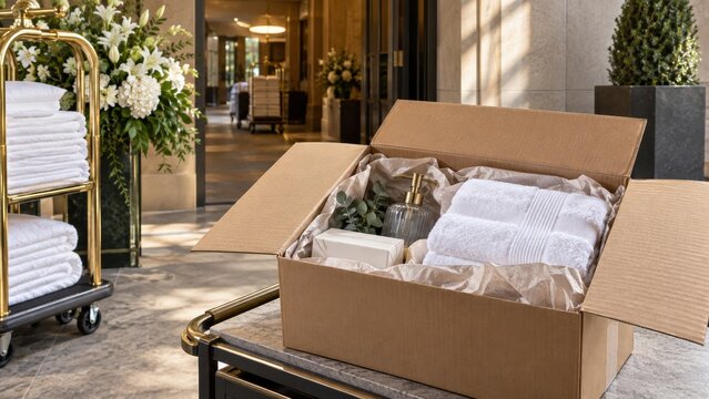 Gift box with towels and spa products at a hotel entrance during daytime