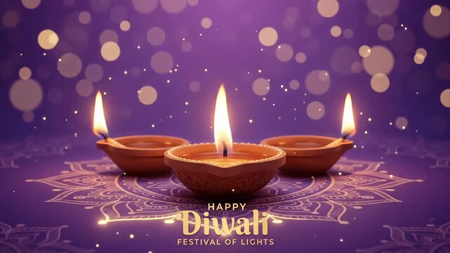 Soft purple bokeh framing three glowing oil lamps on an intricate rangoli pattern for a Happy Diwali animated greeting video
