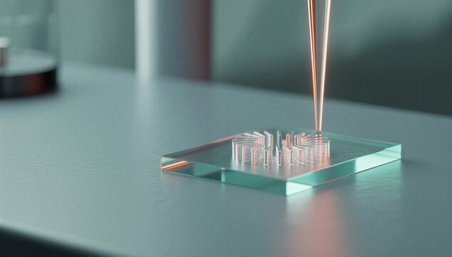 Pipette above transparent lab chip with tiny sample wells, symbolizing gene sequencing, dna analysis, and genetic research.