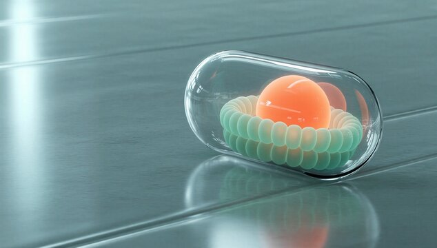 Capsule with orange core on reflective surface, symbolizing immune therapy, targeted medicine and treatment innovation.