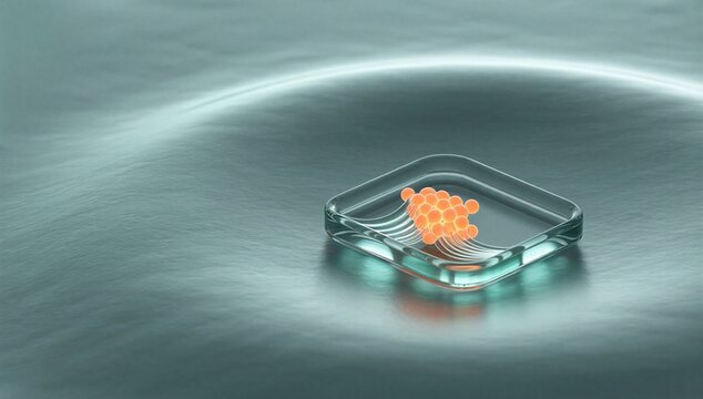 Glass dish with orange cancer cell sample in fluid, symbolizing cancer treatment research, oncology testing, and medical innovation.