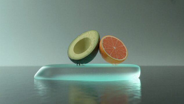 Avocado and grapefruit on a glowing surface symbolize healthy eating, fresh nutrition, and balanced food choice.