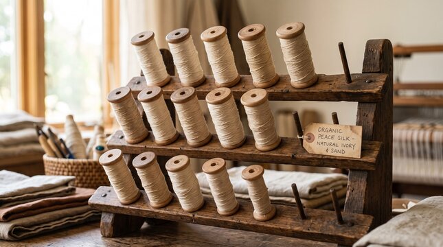 Spools of natural unbleached organic peace silk thread on rack