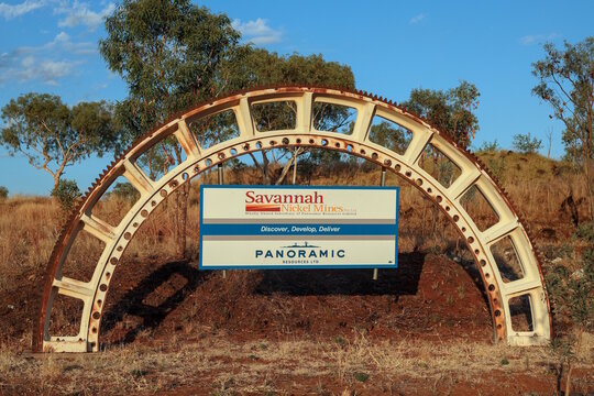 East Kimberley, Western Australia, Australia - September 8 2026: Sign framed by large gear mechanism, Savannah Nickel Mine, underground operation for nickel, copper and cobalt. Panoramic Resources