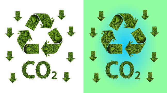 Recycling symbol with CO2 reduction arrows green leaf
