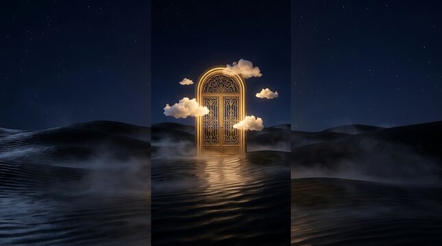 Golden Archway with Clouds Floating Above Water at Night.