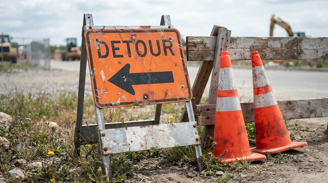 Orange 'DETOUR' road sign with a left arrow, construction site warning, traffic redirection, and safety barrier. Essential for roadwork, navigation, and urban development projects.