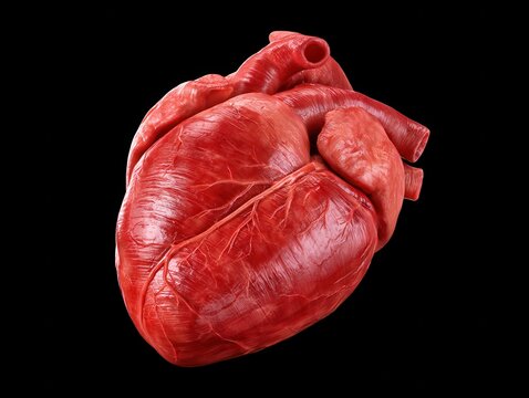Hyper-realistic human heart anatomical model showcasing detailed ventricles and atria with realistic biological texture against a black seamless background