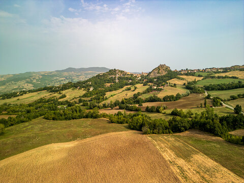Panoramic aerial view of the rolling hills of Pennabilli in Emilia-Romagna