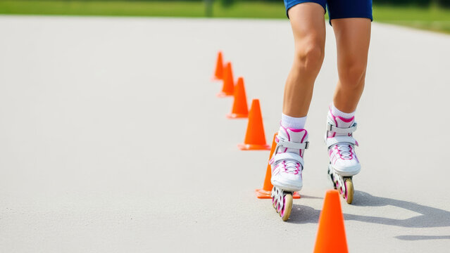 Young skater navigating a line of orange cones on a smooth pavement, practicing slalom, balance and coordination while wearing inline skates in a bright outdoor setting.