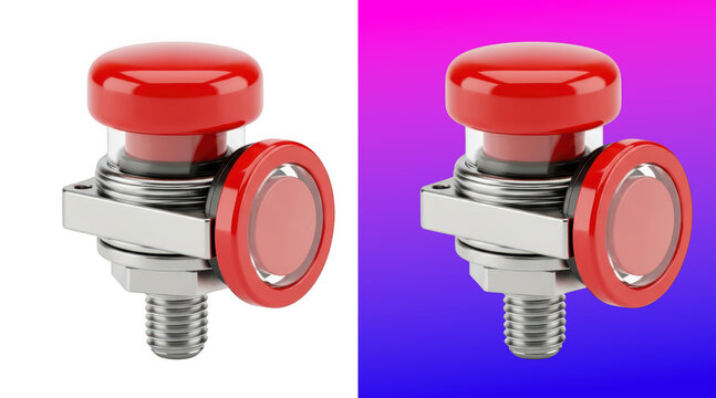 Red push button switch with metallic base 3D rendering