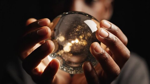 Person holding glowing crystal ball mystical light dark background close up