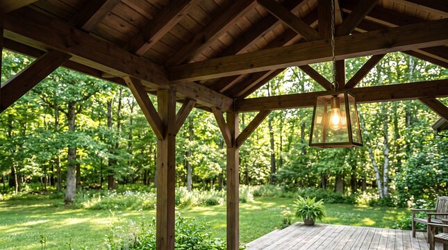 Rustic wooden gazebo frame with a hanging lantern looking out over a grassy lawn and forest trees de