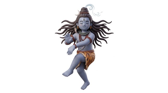 3D of lord shiva in a dynamic dancing pose with long flowing hair and tiger skin attire isolated on a solid white studio background