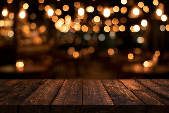 Empty rustic wooden table top with blurred restaurant bar background and warm bokeh lights