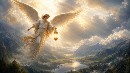 Obraz premium Guardian angel carrying a glowing lantern above a peaceful mountain valley under heavenly light