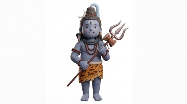 3D render of cute cartoon lord shiva standing with trishula and damaru isolated on white background, for hindu religious, festival and cultural