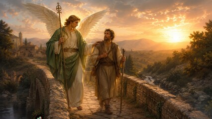 Obraz premium Guardian angel guiding a traveler across an ancient stone bridge at sunset in a scene of faith and hope