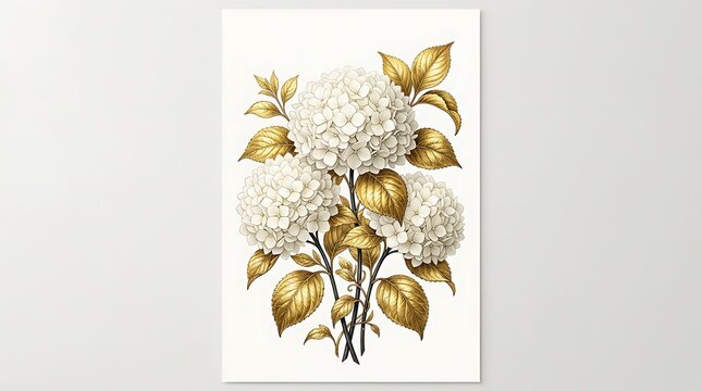 Vintage botanical illustration of white hydrangea flower clusters with green and brown leaves in a classic art style